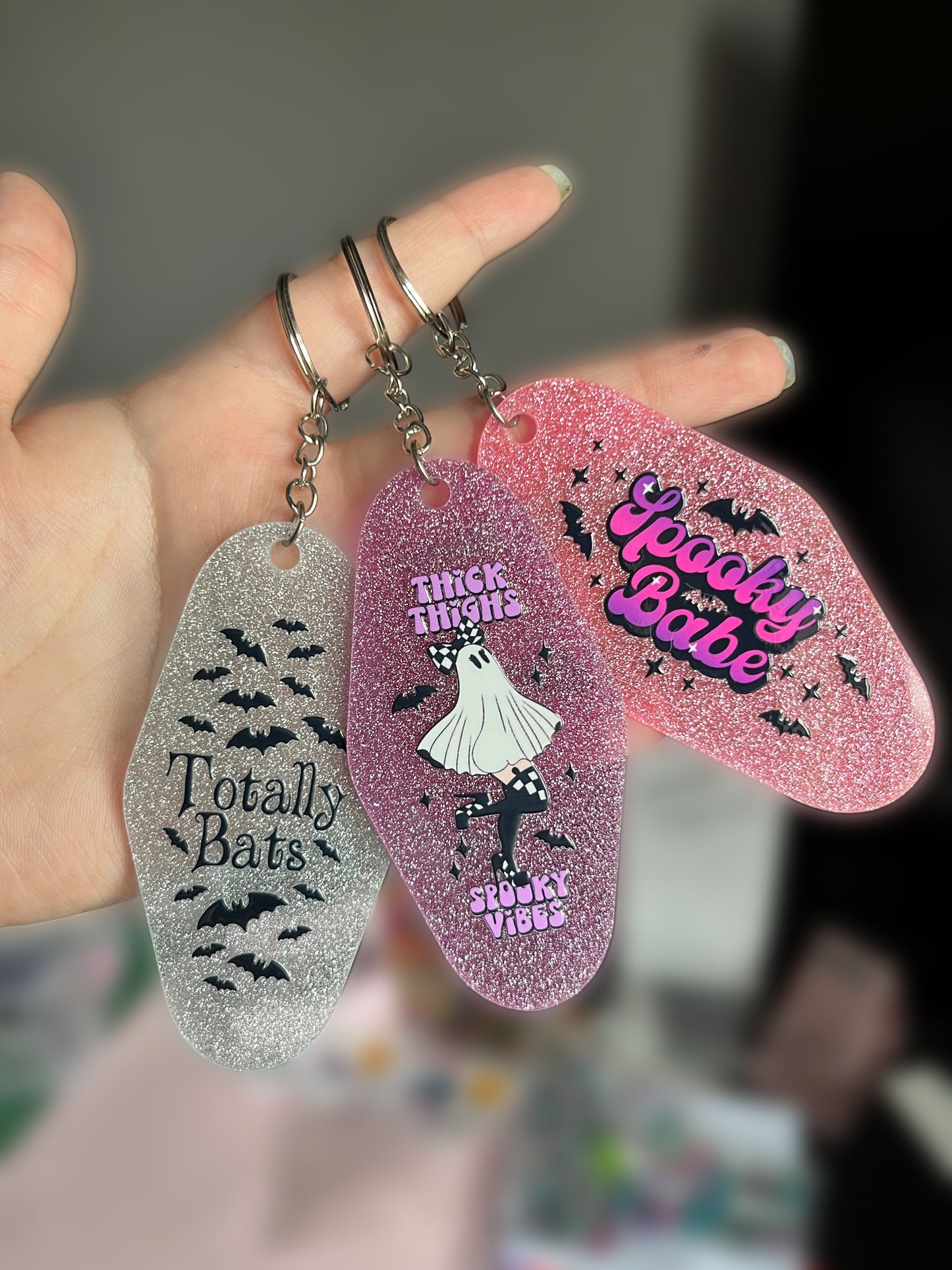 Thick Thighs & Spooky Vibes Purple Glitter Keyring