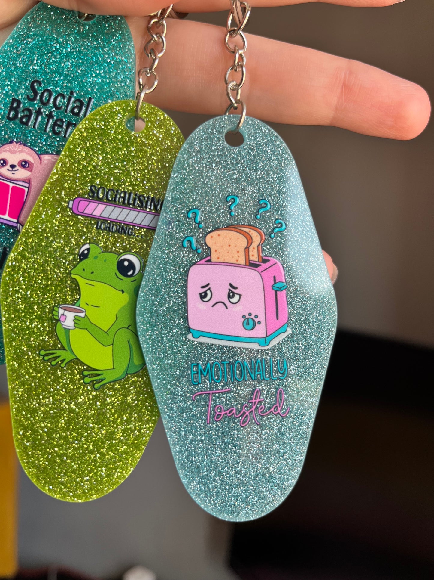 Emotionally Toasted Blue Glitter Keyring