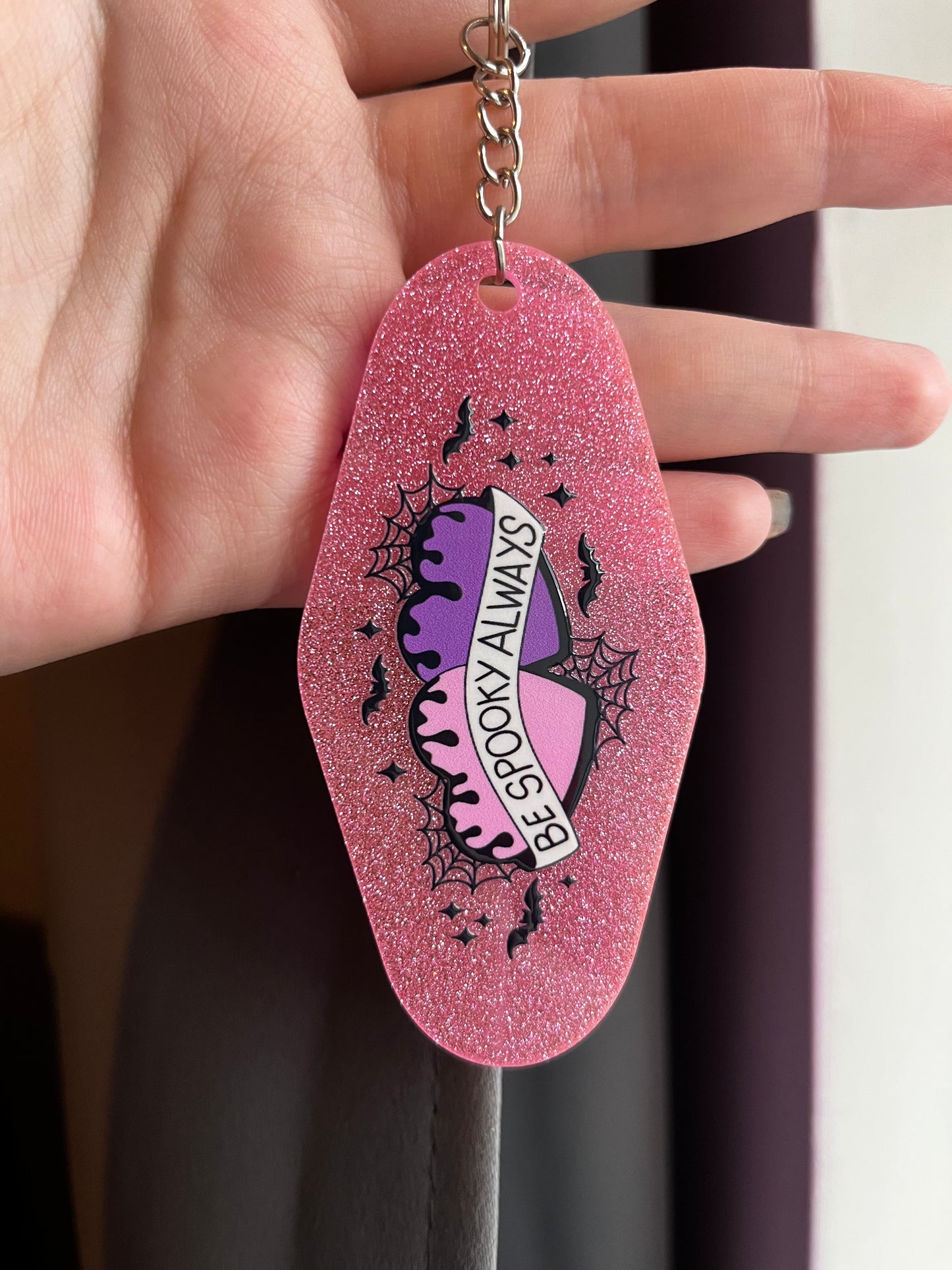 Be Spooky Always Pink Glitter Keyring