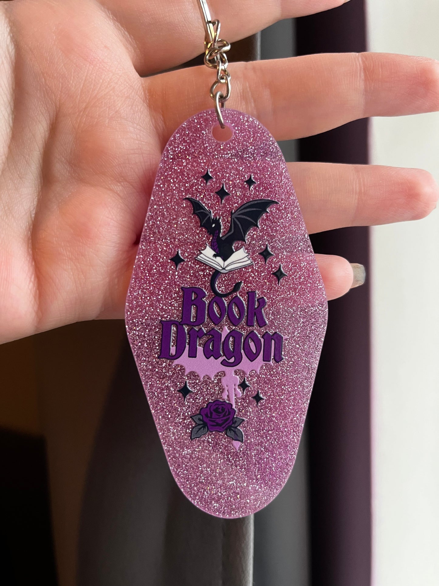 Book Dragon Purple Glitter Keyring