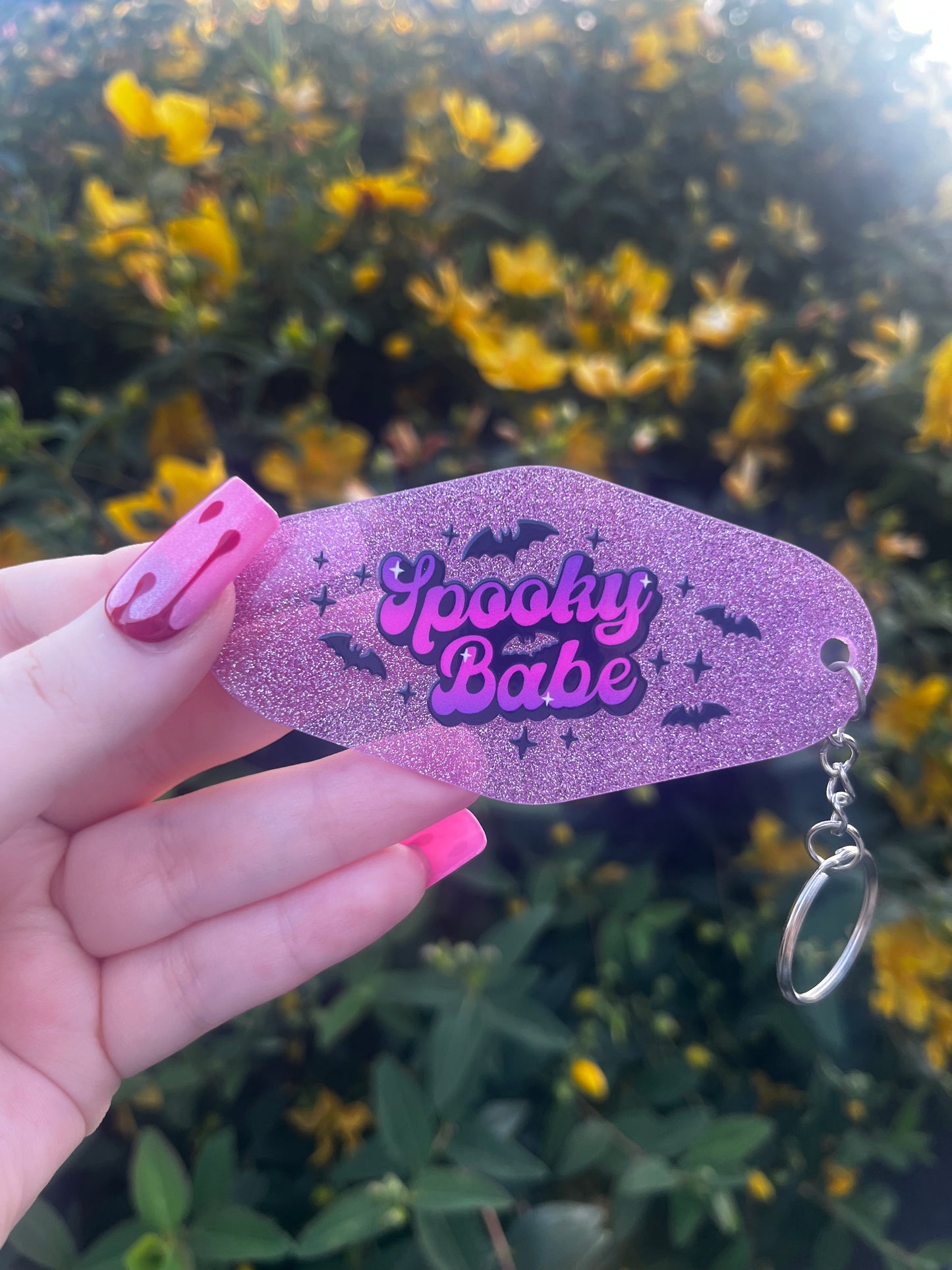 Spooky Babe Purple Glitter Keyring