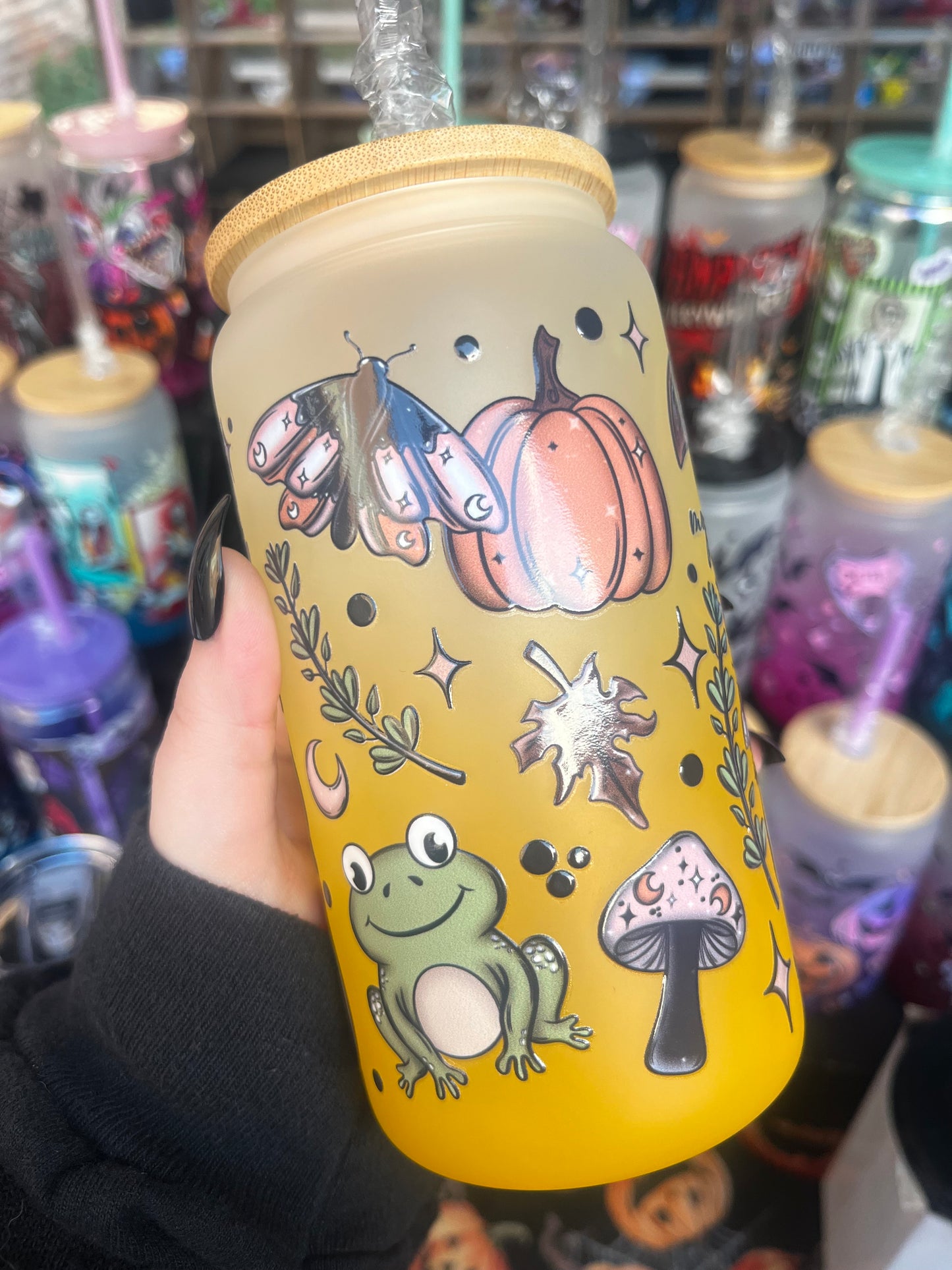 Autumn & Frogs Glass Cup