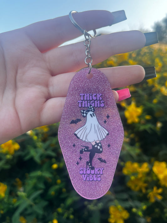 Thick Thighs & Spooky Vibes Purple Glitter Keyring