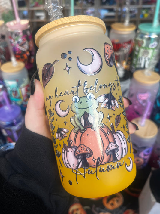 Autumn & Frogs Glass Cup