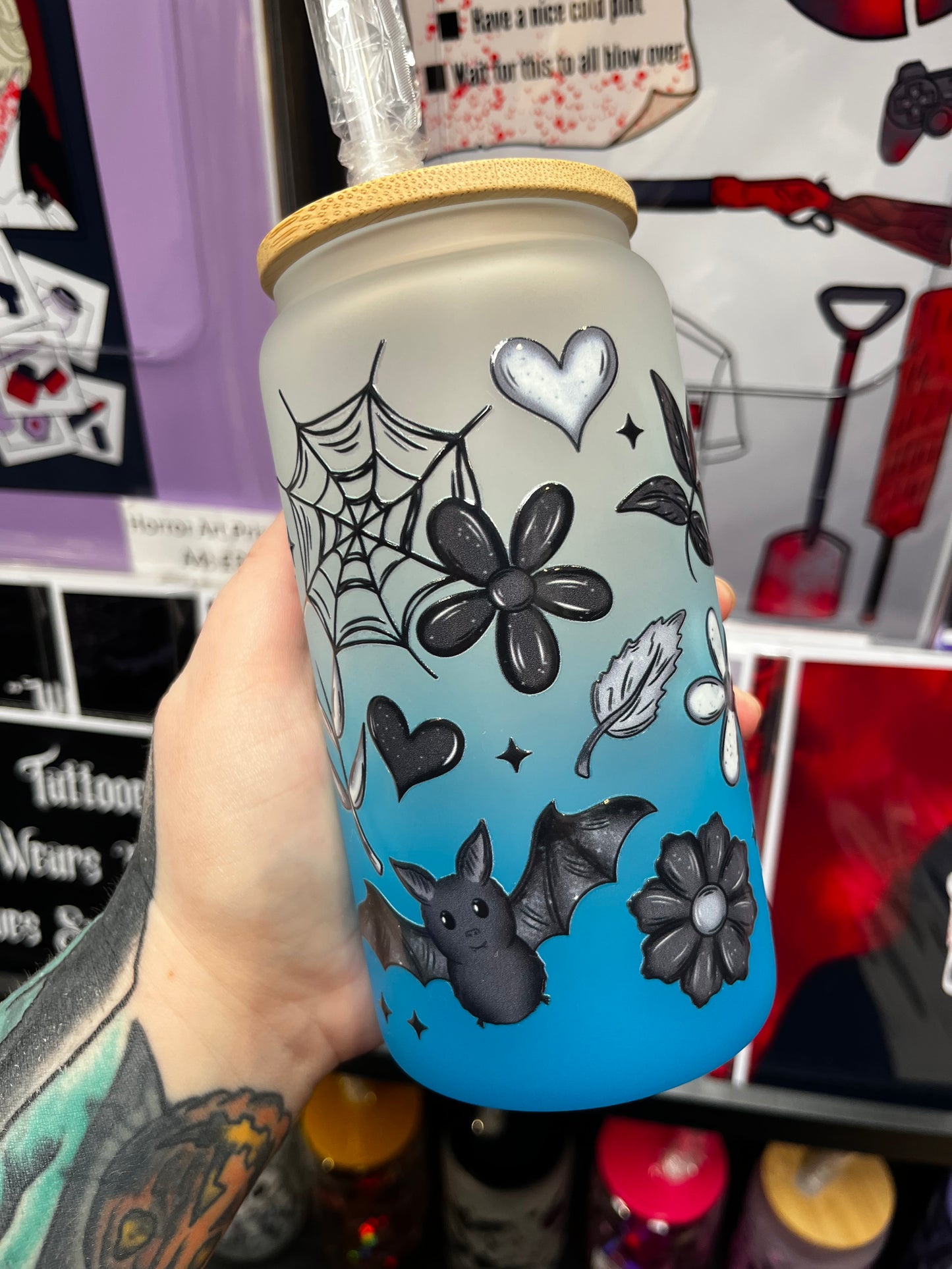 Bats & Flowers Glass Cup